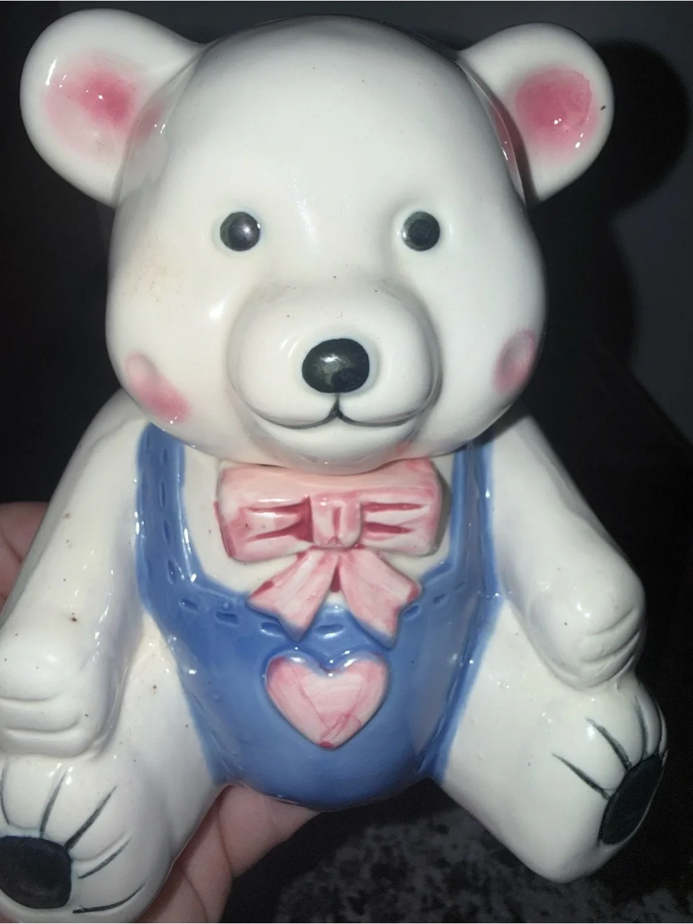 White Ceramic Teddy Bear Toy with Blue Outfit and Pink Bow